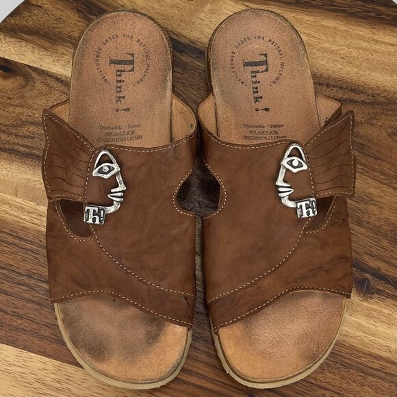 Think! Mizzi Face Sandals Women's 7 Brown Leather Slip On Cork Comfort Slide - Picture 8 of 10